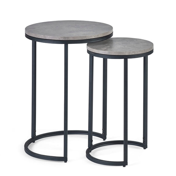 Two round side tables with concrete tops and black metal frames on a white background
