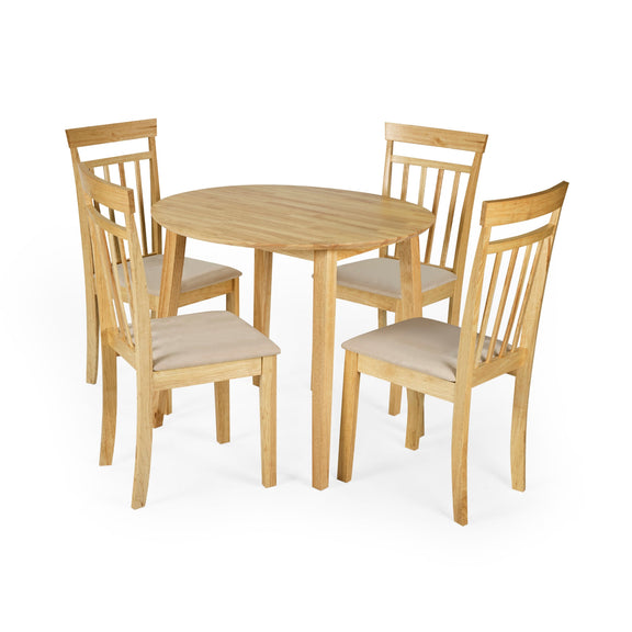 Wooden dining table set with four chairs on a white background
