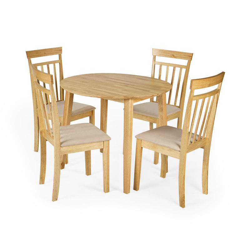 Wooden dining table set with four chairs on a white background