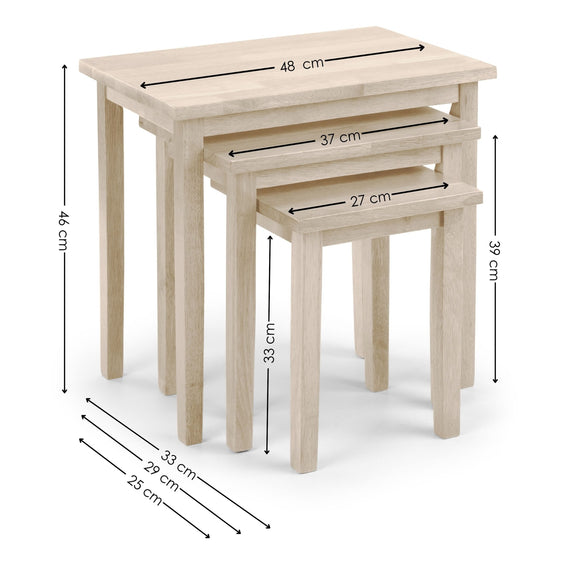 Set of three wooden nesting tables with dimensions indicated on a white background