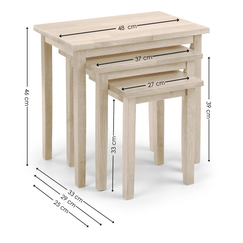 Set of three wooden nesting tables with dimensions indicated on a white background