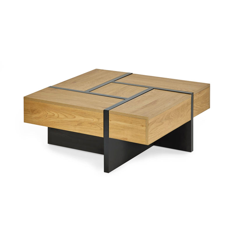 Wooden coffee table with black metal legs on a white background