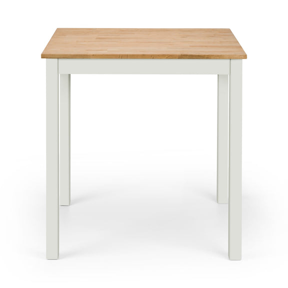 Square table with wooden top and white legs on a white background