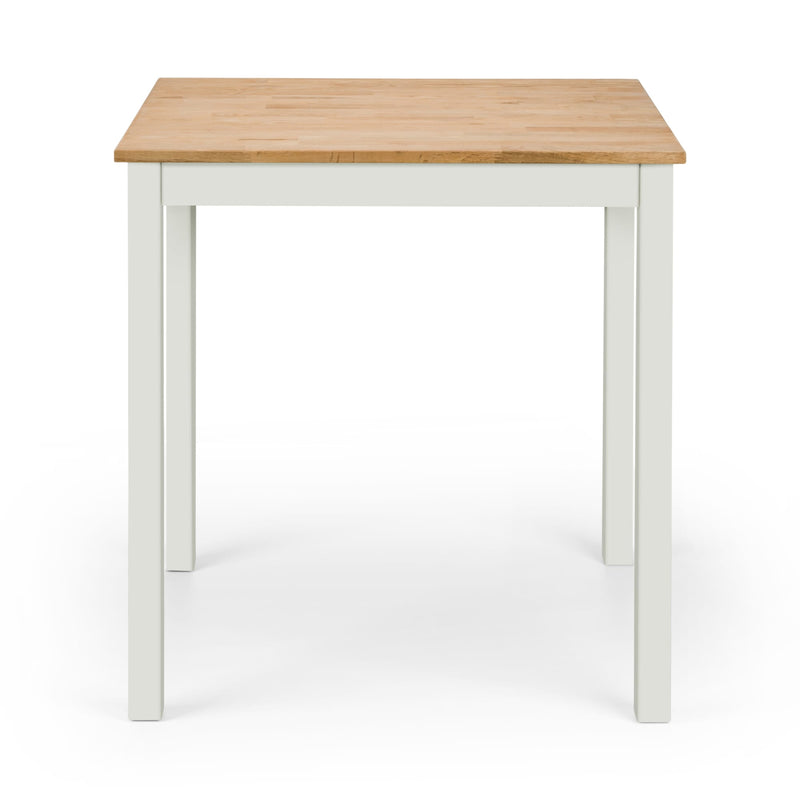 Square table with wooden top and white legs on a white background