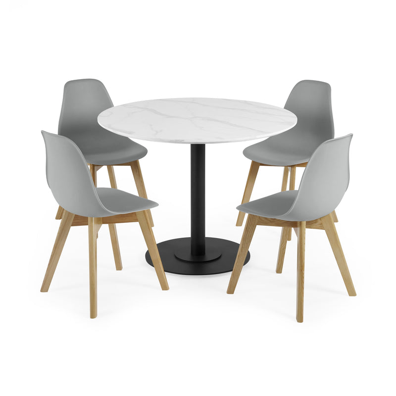 Round dining table with four gray chairs on a white background