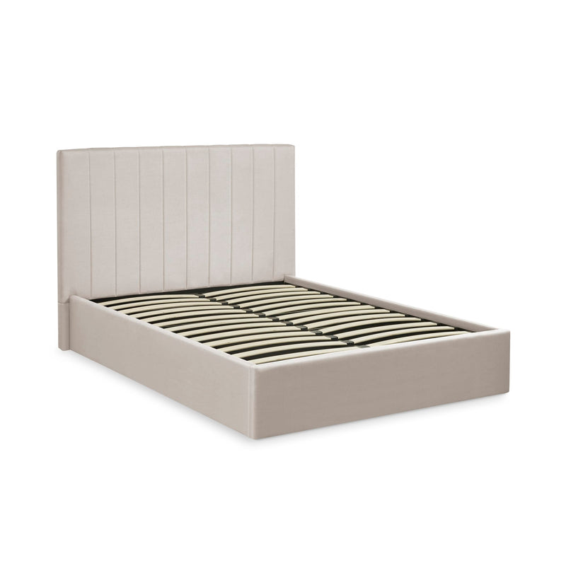 Beige bed frame with slatted design on a white background