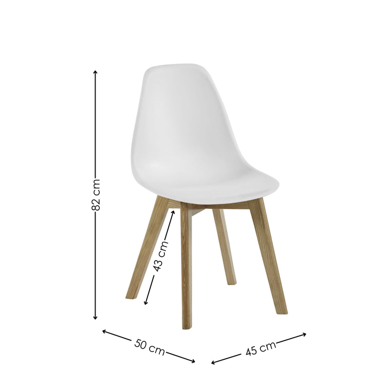 White chair with wooden legs and dimensions labeled on a white background