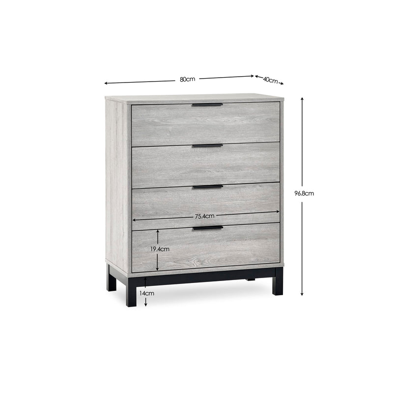Gray dresser with dimensions labeled on a white background