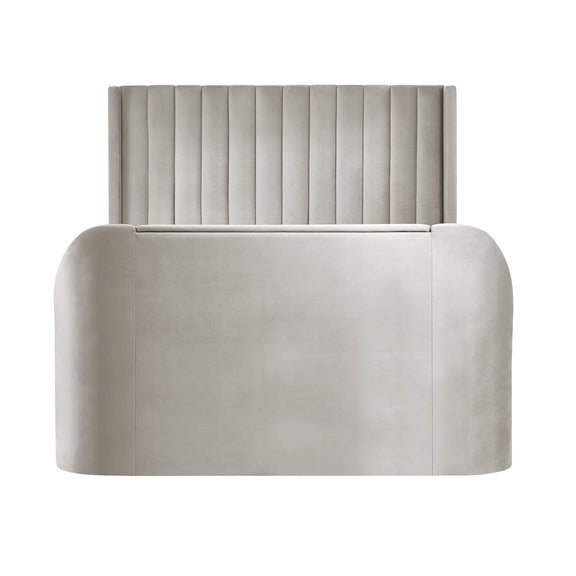 Beige upholstered headboard with a textured design on a white background