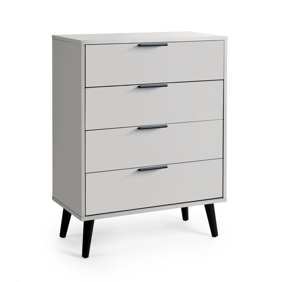 Gray dresser with four drawers on a white background