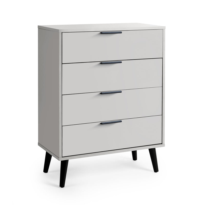 Gray dresser with four drawers on a white background