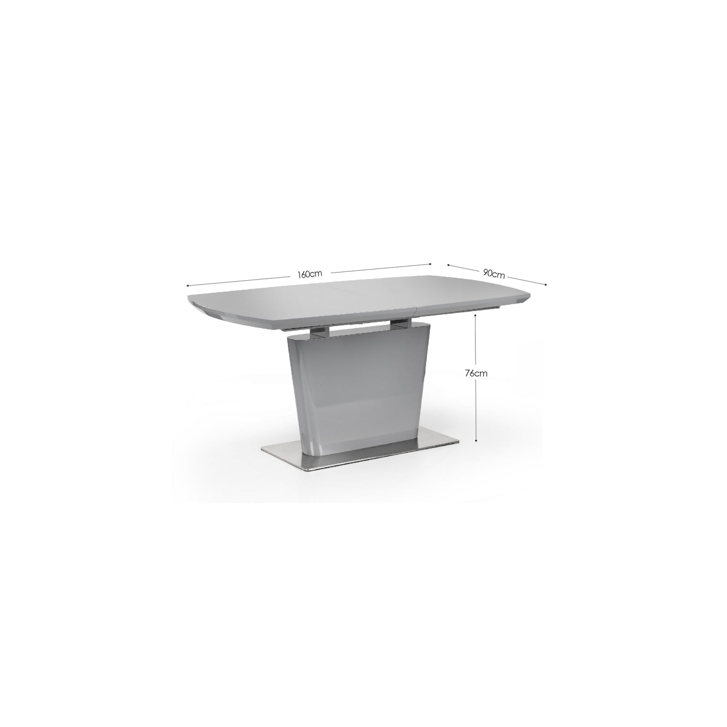 Gray dining table with dimensions on a white background