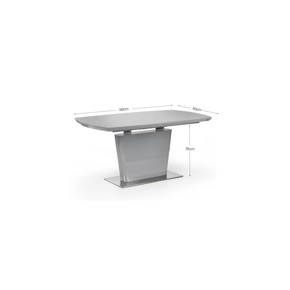 Gray dining table with dimensions on a white background