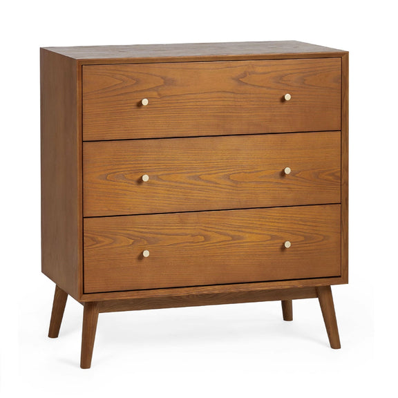 Wooden dresser with three drawers on a white background