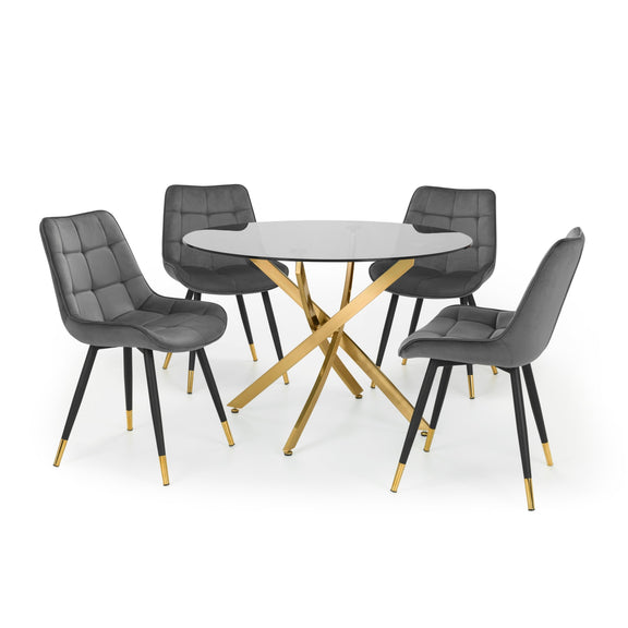 Dining table set with four gray chairs on a white background