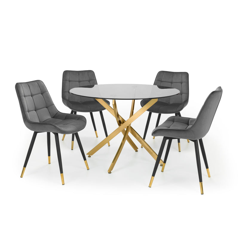 Dining table set with four gray chairs on a white background