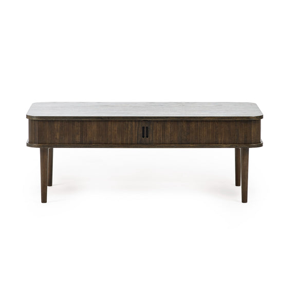 Coffee table with a white marble top and dark wood base on a white background