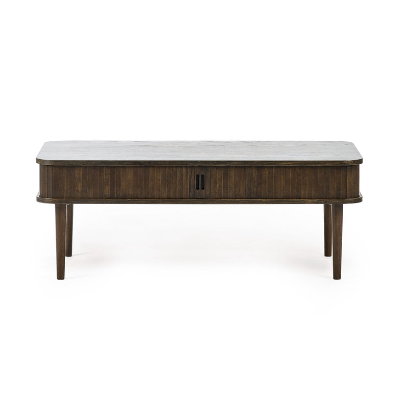 Coffee table with a white marble top and dark wood base on a white background