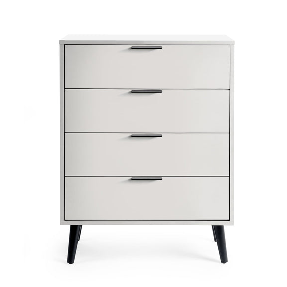 White dresser with four drawers and black legs on a white background