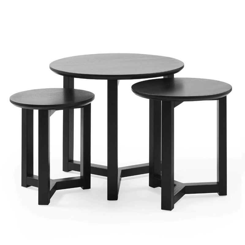 Set of three black nesting tables on a white background