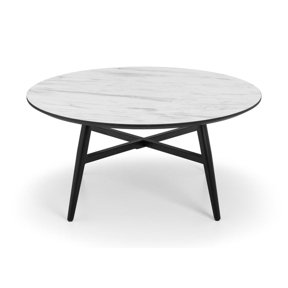 Round coffee table with marble top and black metal legs on a white background
