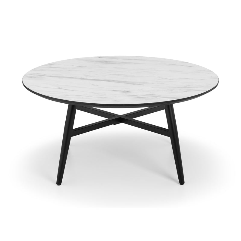Round coffee table with marble top and black metal legs on a white background