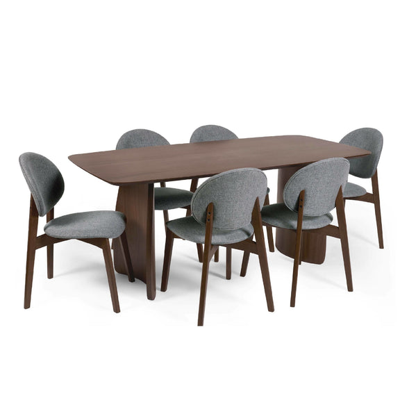Dining table set with six gray chairs on a white background