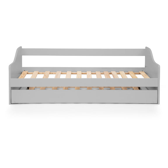Gray bed frame with wooden slats on a white background