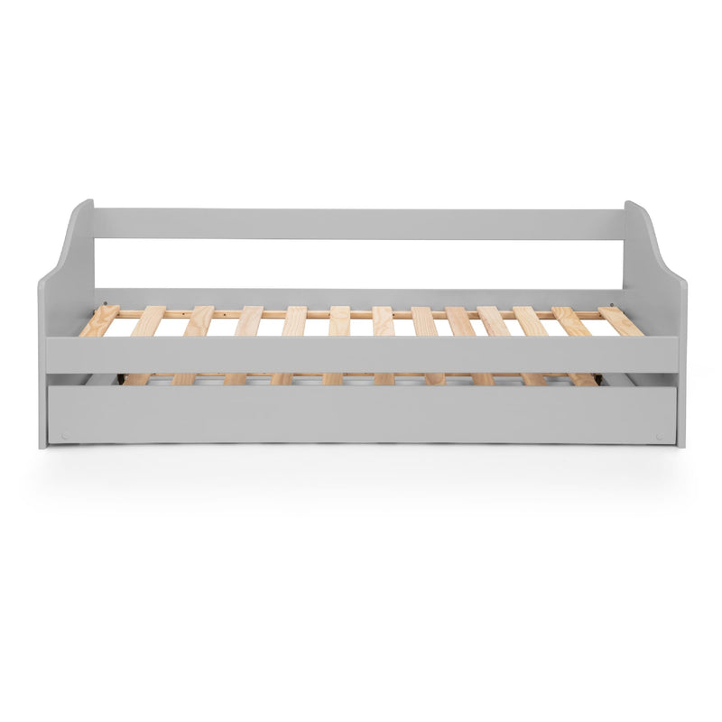 Gray bed frame with wooden slats on a white background