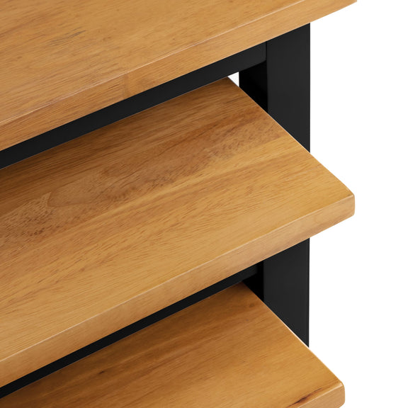 Wooden shelves with a black metal frame on a white background
