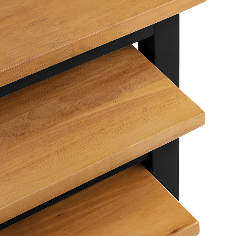 Wooden shelves with a black metal frame on a white background