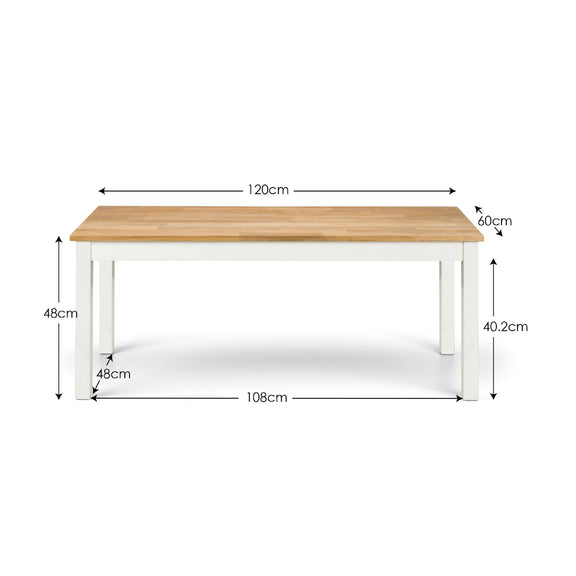Wooden table with dimensions labeled on a white background