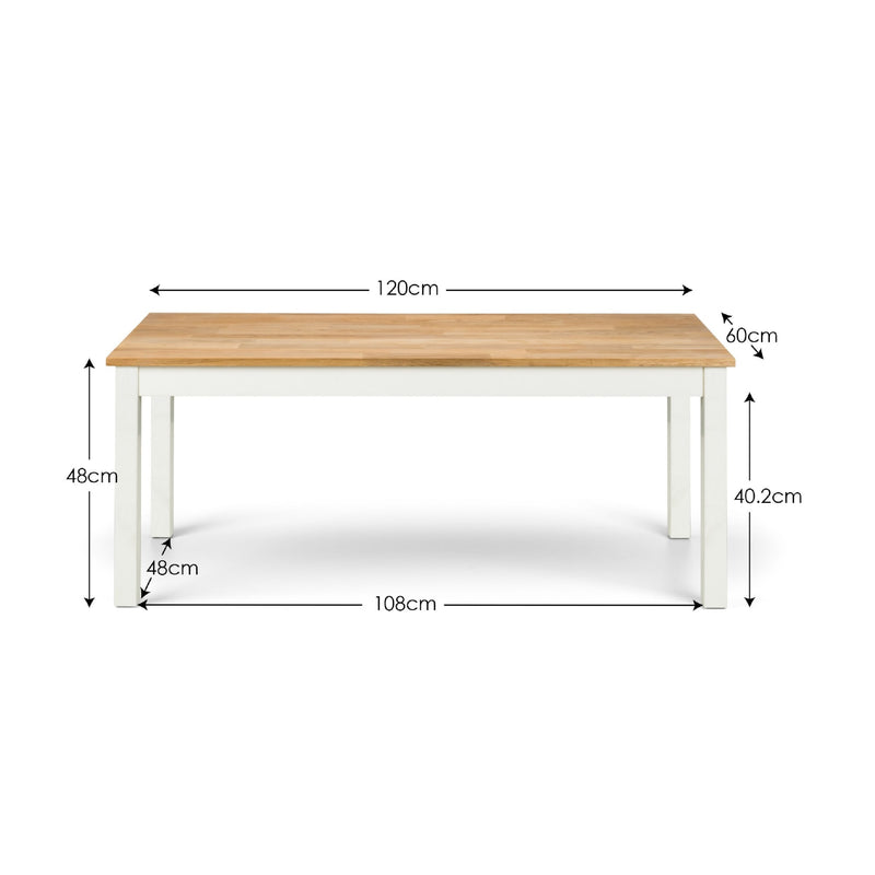 Wooden table with dimensions labeled on a white background
