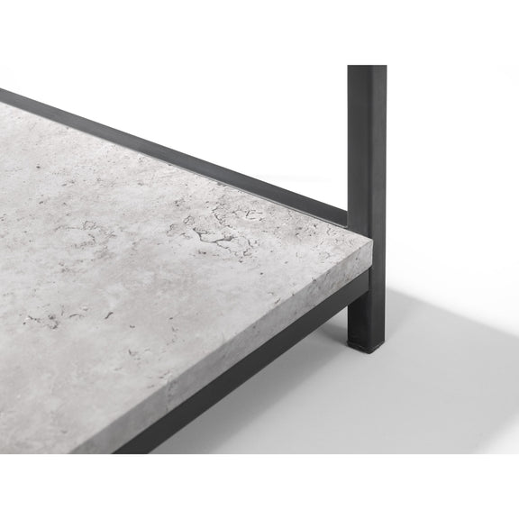Close-up of a table with a concrete top and black metal frame on a white background