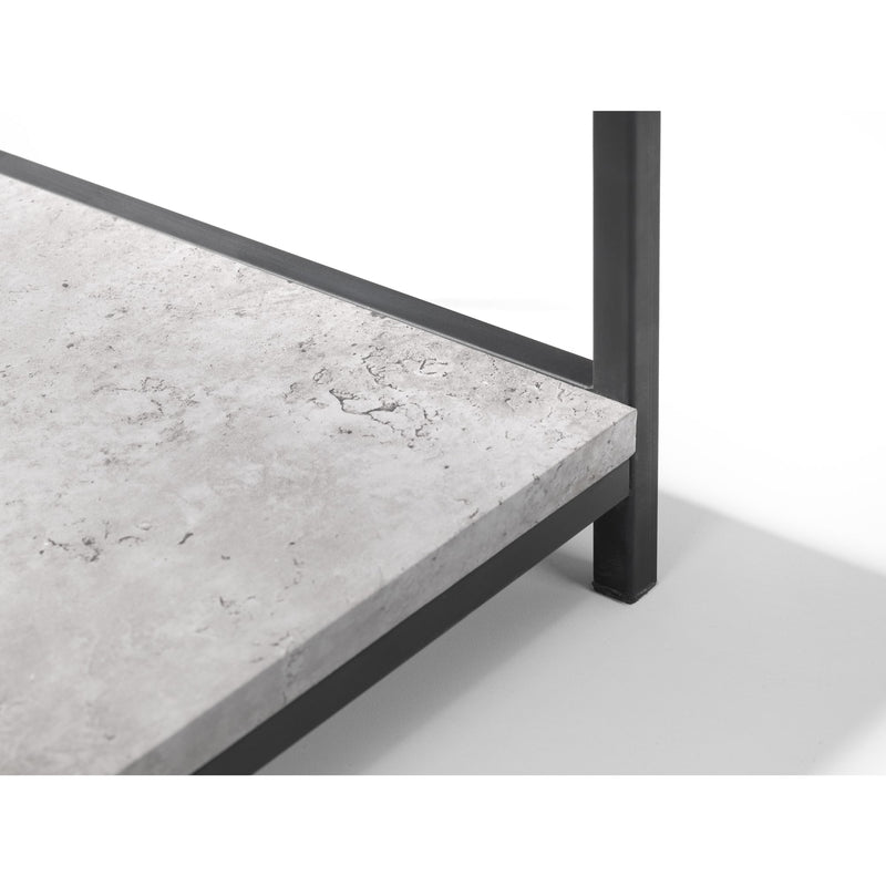 Close-up of a table with a concrete top and black metal frame on a white background