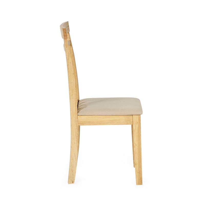 Wooden chair with a beige cushion on a white background
