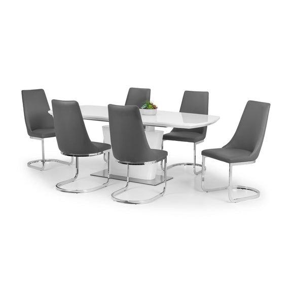 Dining table set with six gray chairs on a white background