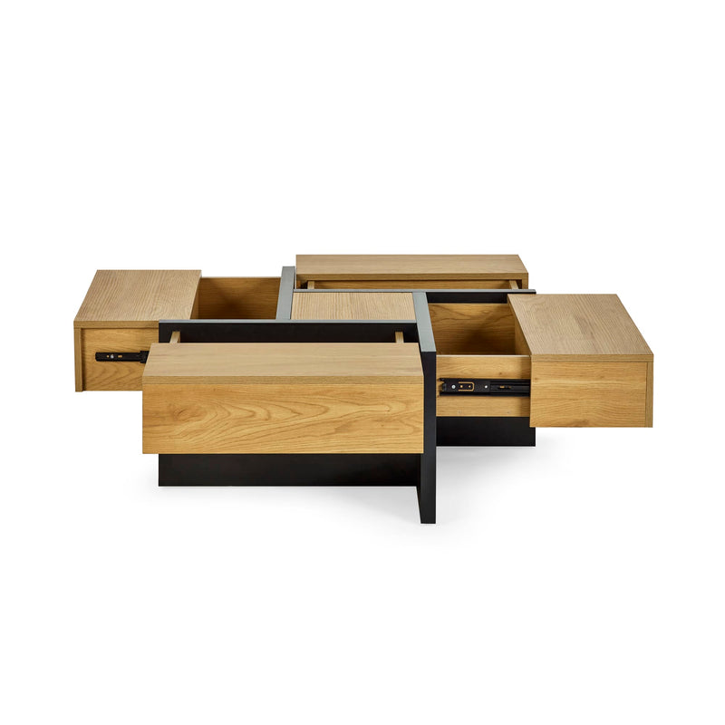 Wooden coffee table with storage drawers on a white background