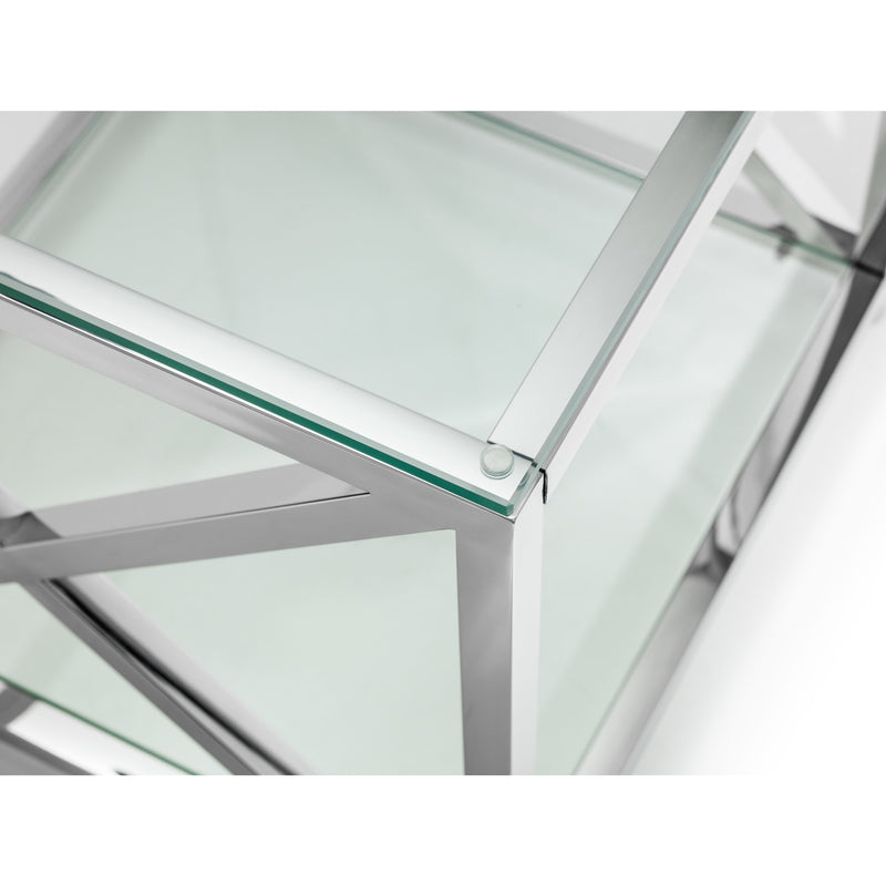 Close-up of a glass and metal structure with a white background