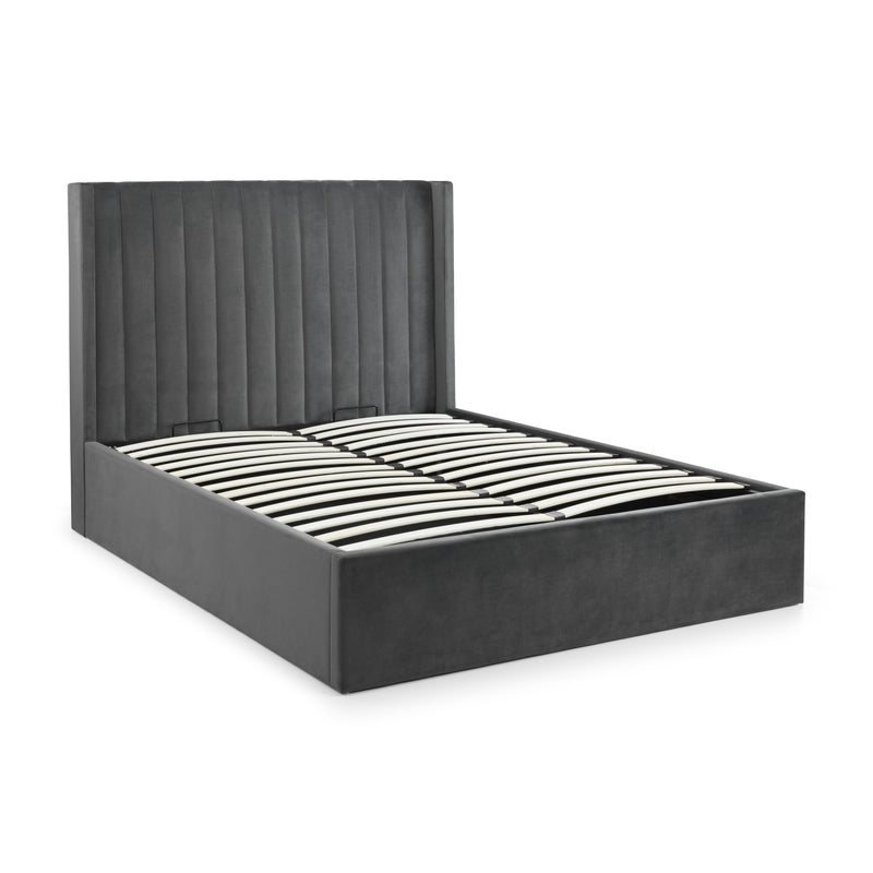 Black upholstered bed frame on a white background