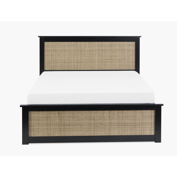 Bed with black frame and woven design on a white background