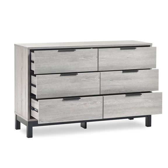 Gray dresser with six drawers on a white background