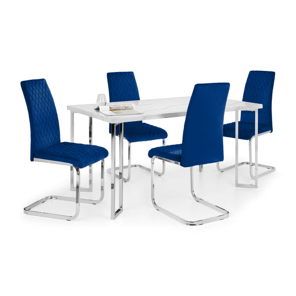 Dining table set with four blue chairs on a white background