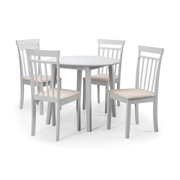 Gray dining table with four matching chairs on a white background