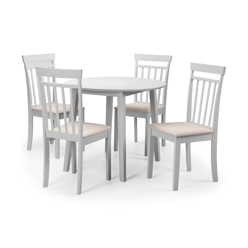 Gray dining table with four matching chairs on a white background