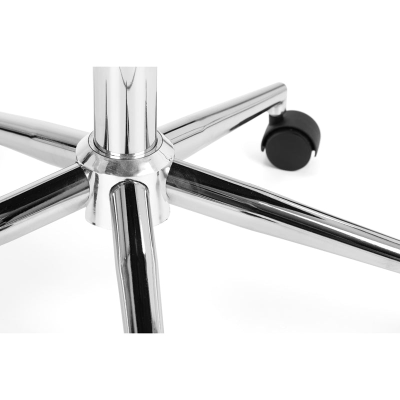 Close-up of a chrome chair base with a black wheel on a white background