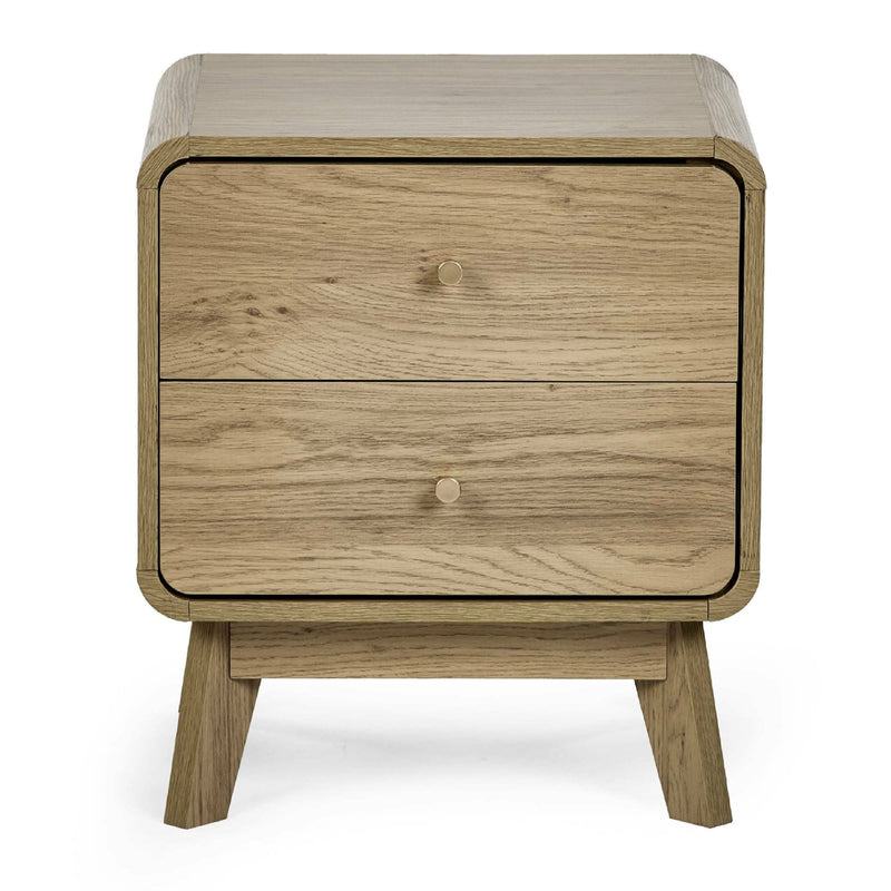 Wooden nightstand with a single drawer on a white background