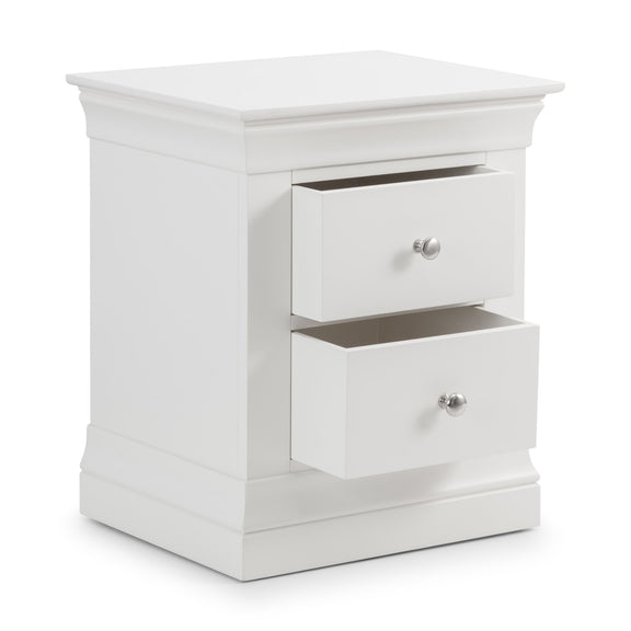 White nightstand with two drawers on a white background