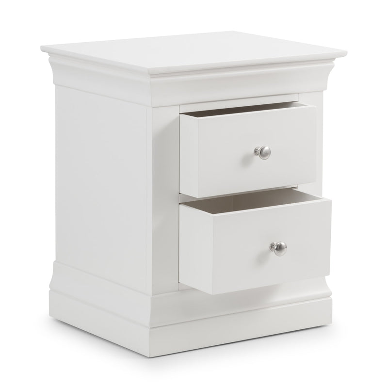 White nightstand with two drawers on a white background