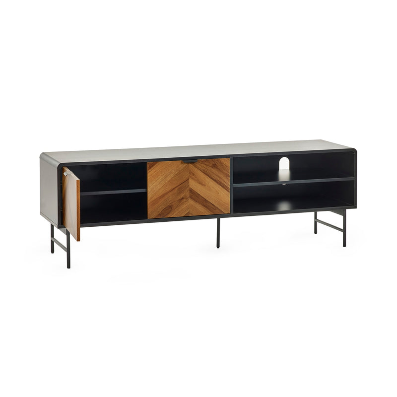 Modern TV stand with wooden panel and black finish on a white background